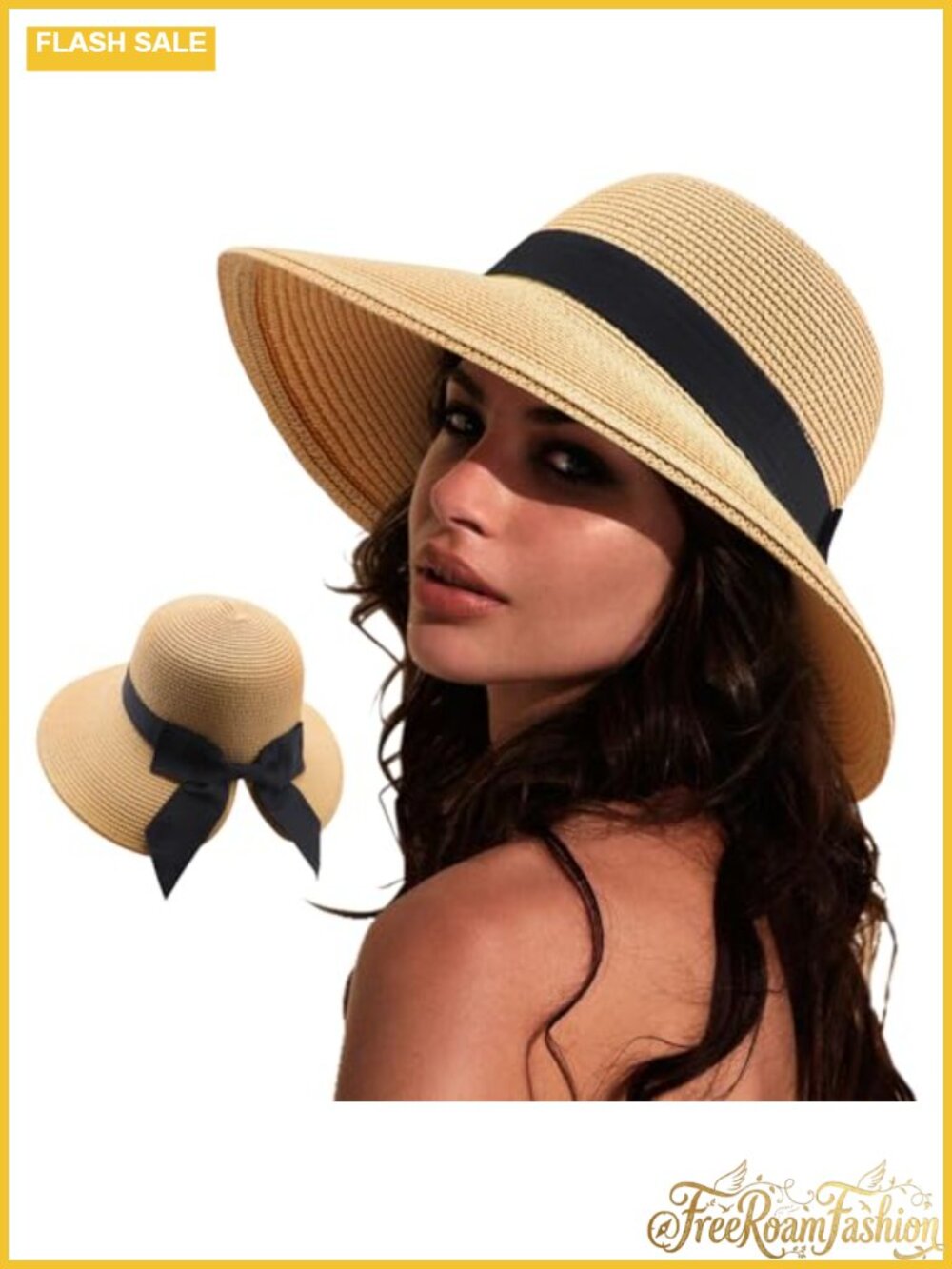 Womens Wide Brim Paper Straw Sun Hat Foldable Beach Hat UPF 50+ Bowknot